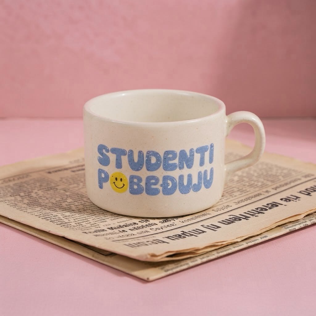 Bela šoljica sa plavim natpisom Studenti pobeđuju
